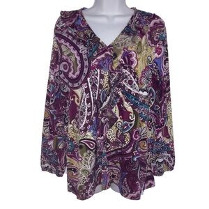 Chico’s Ruffle Neck Paisley Print Stretch Jersey Top 2 L Purple white